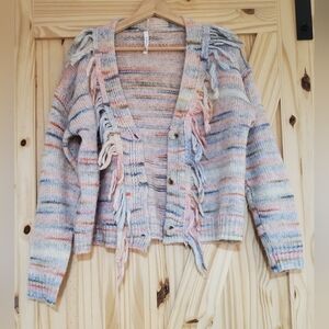 Dreamers By Debut Size L Multi Colour Fringe Button Up V-Neck Knit Sweater